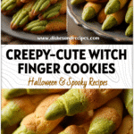 Plate of Spooky Witch Finger Cookies shaped like Halloween Fingers with almond nails and green shortbread dough.